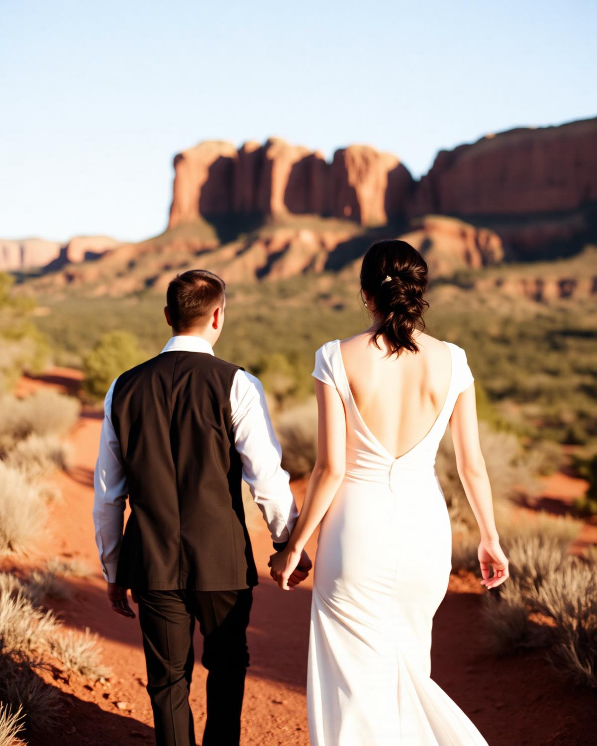 A couple walking a red rock trail in Sedona before their ceremony