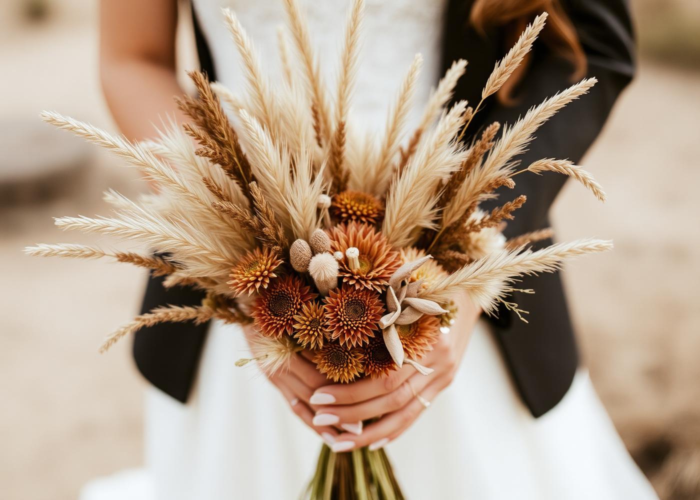 A simple desert bouquet of dried grasses and terracotta blooms