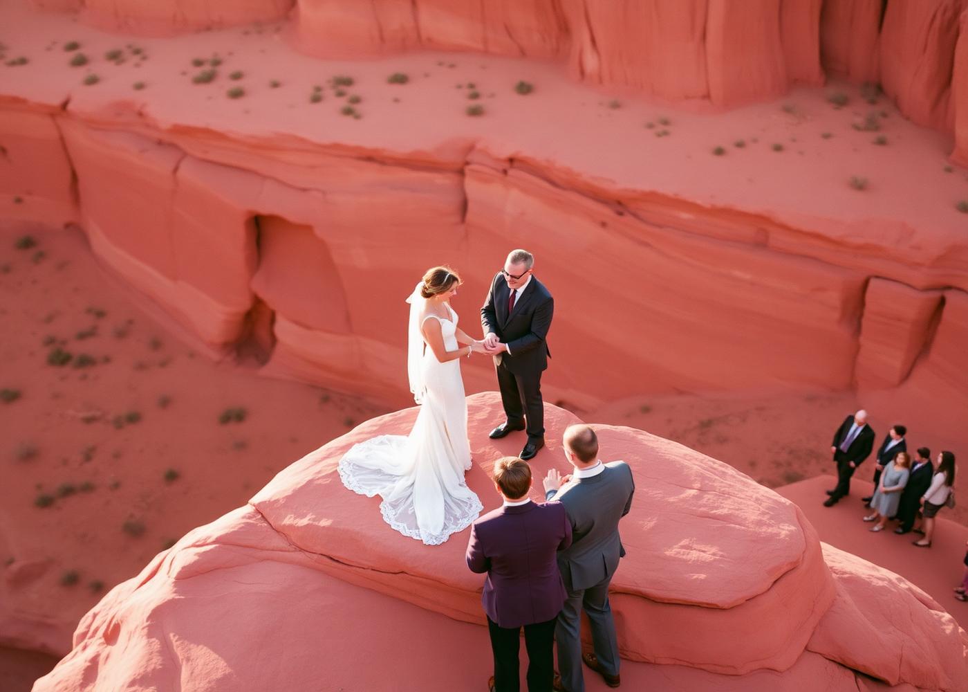 An intimate ceremony on a red rock ledge with a small group of guests