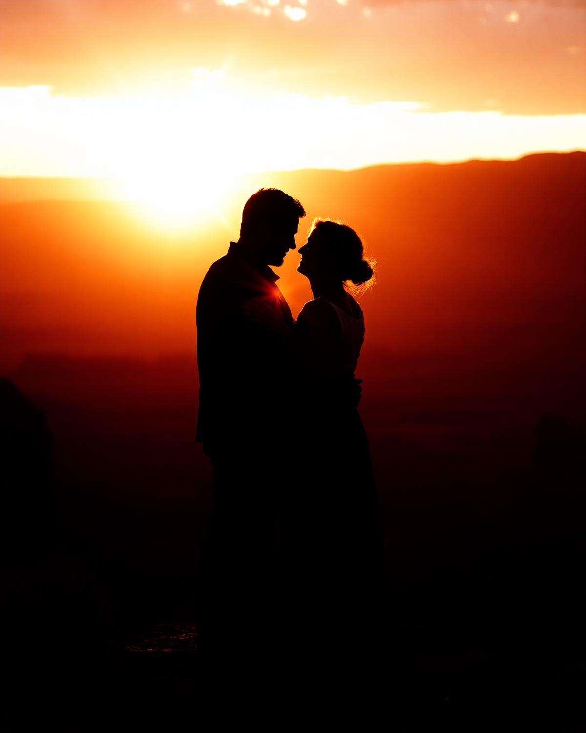 A couple silhouetted against a desert sunrise after their ceremony